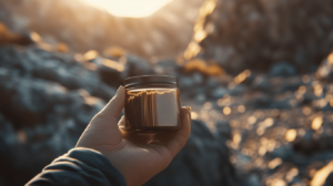 Une main tient un bocal en verre rempli de terre riche sur fond de paysage rocheux au coucher du soleil. La lumière chaude projette une lueur dorée sur le shilajit en bocal et les rochers environnants, créant une atmosphère sereine et mystique.