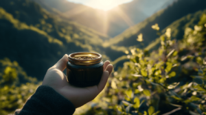 Une main tenant un petit pot de shilahjit ouvert rempli d'herbes vertes sur fond de vallée de montagne ensoleillée. La lumière du soleil projette une lueur chaleureuse sur la verdure luxuriante et les collines lointaines.