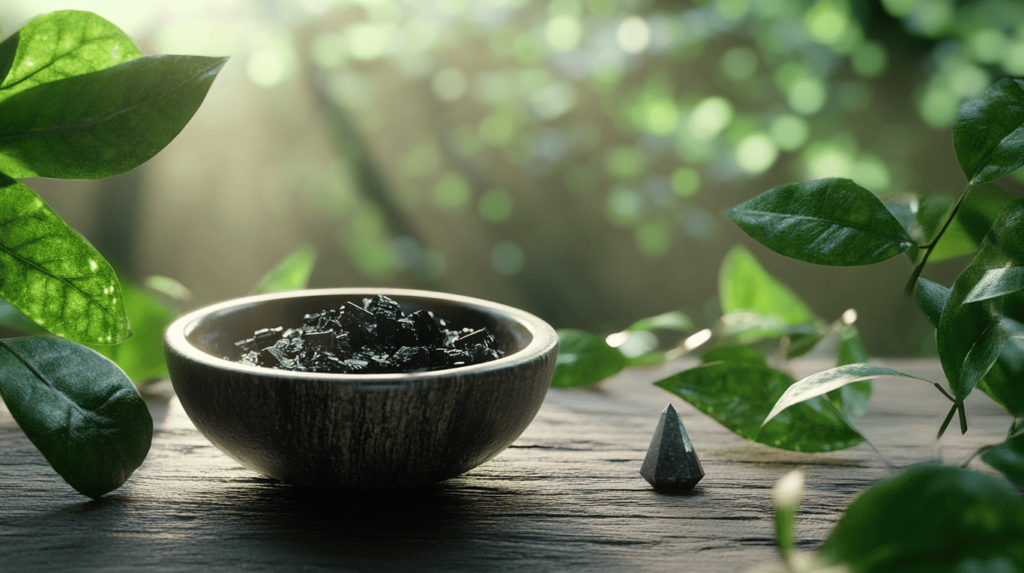 Un bol en bois rempli de pierres noires brillantes et de résine de shilajit, shilajit pur, shilajit en bocal, est posé sur une surface en bois, entouré de feuilles vertes. La lumière du soleil filtre à travers l'arrière-plan, créant une atmosphère sereine et naturelle enrichie par la présence de shilajit.