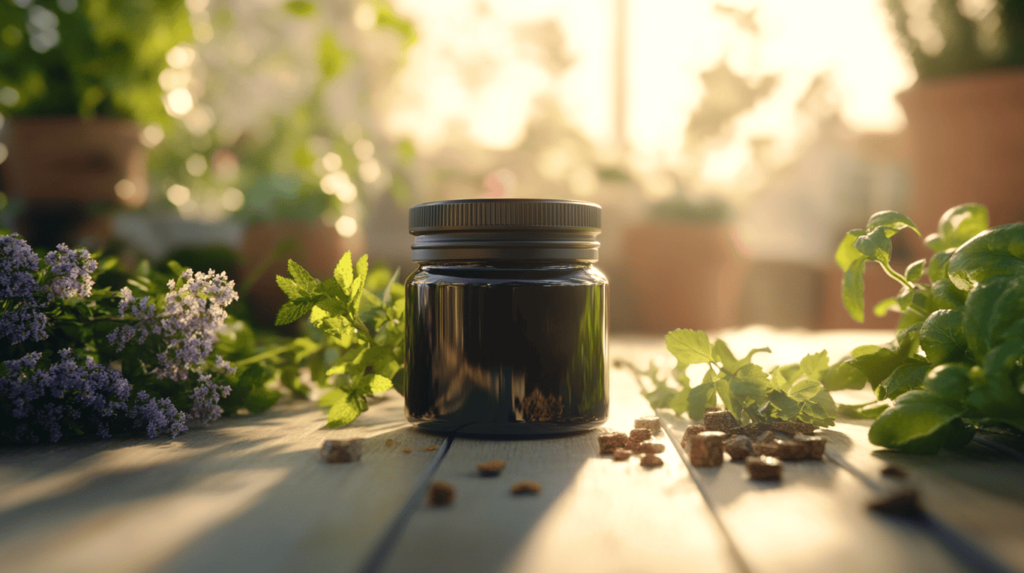 Un petit pot de résine de shilajit, étiqueté shilajit pur, avec un couvercle noir, est posé sur une table en bois. Le pot de shilajit en bocal est entouré d'herbes vertes fraîches et de brins de petites fleurs violettes. La lumière du soleil filtre à l'arrière-plan, créant une atmosphère chaleureuse et naturelle qui suggère un produit à base de plantes ou naturel présentant les bienfaits de la résine de shilajit pure.