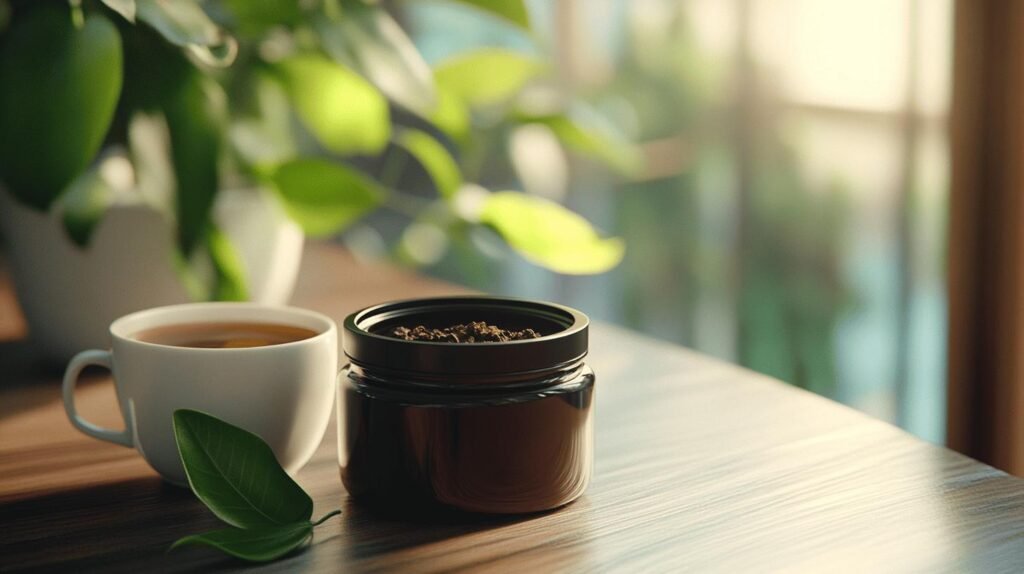Une tasse blanche avec du thé est posée à côté d'un pot noir ouvert contenant des herbes séchées, notamment du shilajit et du shilajit pur, sur une table en bois. Des feuilles vertes et un arrière-plan flou avec une lumière douce et naturelle créent un cadre tranquille. À proximité, le shilajit en bocal conserve son riche contenu, tandis que la puissante résine de shilajit est prête à être utilisée dans cet environnement paisible.
