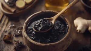 Un bol en bois contient une pâte de shilajit foncée et épaisse avec une cuillère en bois posée à l'intérieur. Ce shilajit pur de haute qualité complète parfaitement le cadre naturel. Autour du bol se trouvent des morceaux d'herbes et des tranches de gingembre sur une table en bois rustique, renforçant l'ambiance terreuse avec le shilajit en bocal bien en évidence dans la scène. L'utilisation de cette résine de shilajit authentique ajoute à l'esthétique organique globale, créant une atmosphère accueillante.