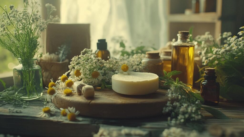 Une scène rustique mettant en scène une barre de savon ronde sur un plateau en bois entouré de bouteilles d'huile, de petits pots, dont du shilajit pur et du shilajit en bocal, des fleurs blanches et de la verdure. L'inclusion de résine de shilajit met en valeur les éléments naturels présents. Une douce lumière naturelle filtre, créant une ambiance paisible et naturelle imprégnée de l'essence du shilajit.