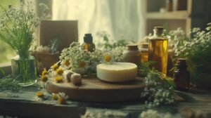 Une scène rustique mettant en scène une barre de savon ronde sur un plateau en bois entouré de bouteilles d'huile, de petits pots, dont du shilajit pur et du shilajit en bocal, des fleurs blanches et de la verdure. L'inclusion de résine de shilajit met en valeur les éléments naturels présents. Une douce lumière naturelle filtre, créant une ambiance paisible et naturelle imprégnée de l'essence du shilajit.