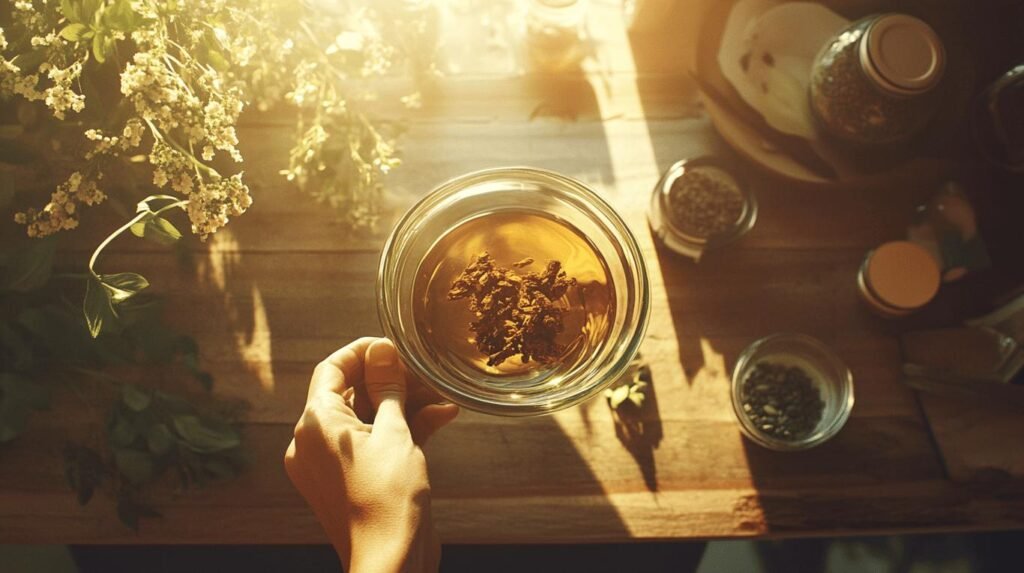 Une main tient une tasse de thé en verre remplie de tisane infusée au shilajit, vue d'en haut. La lumière du soleil ruisselle sur une table en bois, illuminant des bocaux contenant des herbes et du shilajit en bocal, à côté d'un bouquet de fleurs sauvages sur le côté gauche. La scène respire la chaleur et la tranquillité.