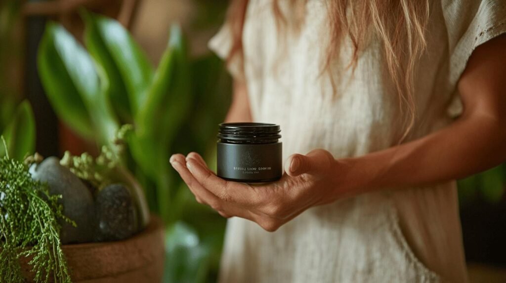 Une personne en robe beige tient un petit pot de shilajit pur. L'arrière-plan présente des plantes vertes et des pierres lisses, créant une atmosphère naturelle et sereine avec de la résine de shilajit. La scène met en valeur la pureté du shilajit en bocal et souligne les bienfaits naturels de l'utilisation du shilajit dans la vie quotidienne.