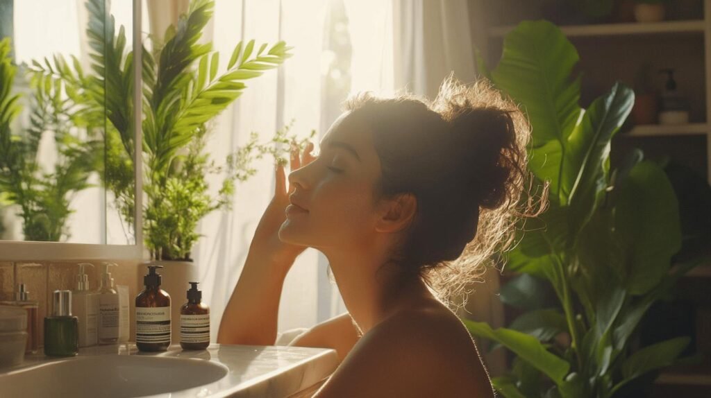 Une femme aux cheveux en chignon profite de la lumière matinale qui traverse une fenêtre. Elle est entourée de plantes vertes et de divers produits de soins pour la peau, notamment du shilajit, du shilajit pur et du shilajit en bocal sur un comptoir blanc, créant une atmosphère sereine et apaisante. La présence de résine de shilajit ajoute au sentiment général de tranquillité de la scène.