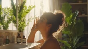 Une femme aux cheveux en chignon profite de la lumière matinale qui traverse une fenêtre. Elle est entourée de plantes vertes et de divers produits de soins pour la peau, notamment du shilajit, du shilajit pur et du shilajit en bocal sur un comptoir blanc, créant une atmosphère sereine et apaisante. La présence de résine de shilajit ajoute au sentiment général de tranquillité de la scène.