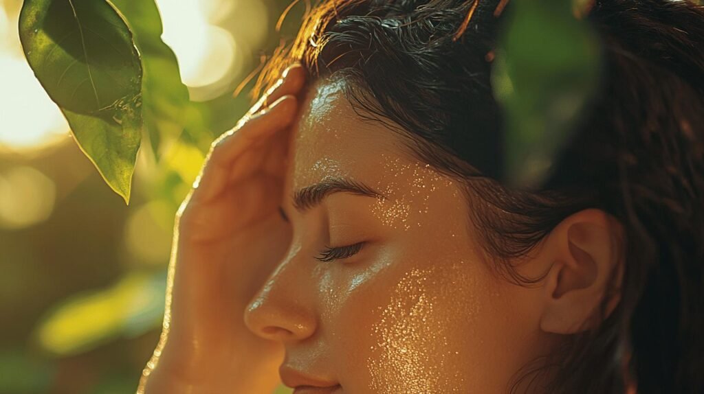 Gros plan d'une personne aux yeux clos et à la peau brillante, touchant doucement son front, incarnant l'essence du shilajit. La lumière du soleil filtre à travers les feuilles, créant une atmosphère chaleureuse et sereine rappelant le shilajit pur. La tranquillité s'apparente à la recherche de la paix intérieure avec le shilajit en bocal à vos côtés. Ce moment capture la pureté et la puissance naturelle de la résine de shilajit.