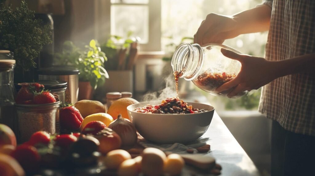 Une personne verse des fruits secs dans un bol fumant sur un comptoir de cuisine ensoleillé, à côté de bocaux de shilajit pur. Autour du bol se trouvent des fruits et légumes frais, notamment des fraises, des oranges et des oignons. Divers ustensiles de cuisine ajoutent du charme à la toile de fond.