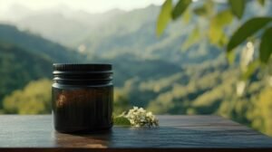 Un petit pot en verre foncé avec un couvercle noir est posé sur une surface en bois à l'extérieur. À côté se trouve un petit bouquet de fleurs blanches. En arrière-plan, des collines et des montagnes verdoyantes sont visibles sous un ciel clair.