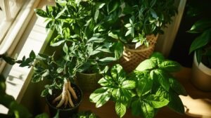 Une collection de plantes d'intérieur luxuriantes et vertes trône sur le rebord d'une fenêtre, baignées de soleil. Entre elles, un petit pot de shilajit pur ajoute une touche terreuse à l'atmosphère vibrante et accueillante du jardin intérieur.