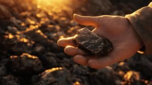Une main tient une roche sombre et rugueuse qui ressemble à du shilajit, avec un coucher de soleil doré et chaud illuminant le terrain rocheux. La lumière projette une douce lueur sur la pierre, mettant en valeur sa surface texturée. Cette roche reflète les qualités du shilajit pur, souvent trouvé dans des environnements naturels tels que ceux-ci. Dans de nombreuses cultures, le shilajit en bocal est apprécié pour ses bienfaits potentiels et sa polyvalence. L'observation de la texture de cette pierre peut rappeler la résine de shilajit, prisée dans diverses pratiques traditionnelles pour sa composition riche et son apparence unique.