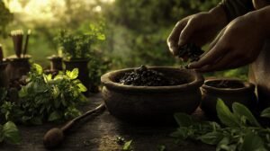 Des mains sont représentées travaillant avec de la terre et de la résine shilajit dans un bol rustique sur une table extérieure, entourée d'herbes fraîches et de plantes, avec la lumière du soleil filtrant à travers la verdure en arrière-plan.