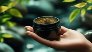 Une main tient un petit pot noir contenant une substance brune et granuleuse, probablement de la résine de shilajit, connue pour ses propriétés rajeunissantes. L'arrière-plan est composé de pierres lisses et de feuilles vertes, créant un décor naturel de type spa.