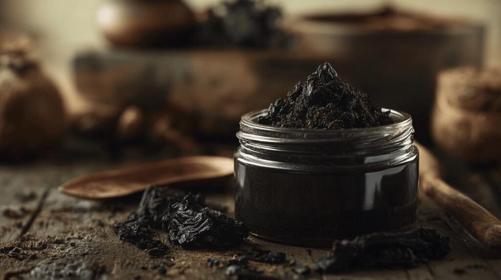 Un petit bocal en verre rempli d'une substance sombre et épaisse, connue sous le nom de shilajit en bocal, est posé sur une surface en bois rustique. Autour du bocal sont dispersés des morceaux de matière séchée. Une cuillère en bois se trouve à proximité, mettant en valeur le décor naturel et terreux.