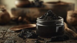 Un petit bocal en verre rempli d'une substance sombre et épaisse, connue sous le nom de shilajit en bocal, est posé sur une surface en bois rustique. Autour du bocal sont dispersés des morceaux de matière séchée. Une cuillère en bois se trouve à proximité, mettant en valeur le décor naturel et terreux.