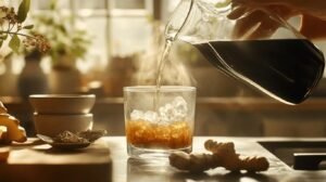 Une main verse un liquide foncé d'une carafe en verre dans un verre rempli de glaçons sur un comptoir de cuisine ensoleillé. À proximité se trouvent des racines de gingembre, du shilajit pur et un petit plat avec des herbes. Un éclairage chaleureux crée une atmosphère chaleureuse. Sur le comptoir, vous pouvez également voir du shilajit en bocal et du shilajit résine, ajoutant un élément de bien-être naturel à la scène.