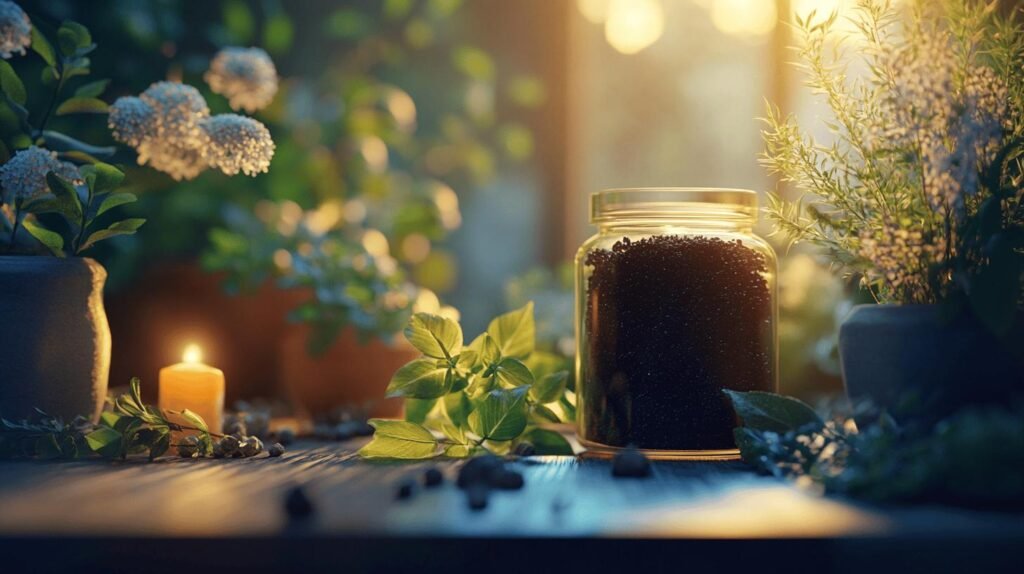Un bocal en verre rempli de terre et de résine de shilajit est posé sur une table en bois entourée de plantes vertes luxuriantes dans des pots. Une bougie allumée ajoute une lueur chaleureuse, tandis que la lumière du soleil traverse une fenêtre, créant une atmosphère sereine et naturelle renforcée par la présence de shilajit. Le shilajit pur dans le bocal contribue à l'ambiance générale, lui donnant une sensation encore plus proche de la nature. Que vous utilisiez le shilajit en bocal pour ses bienfaits réputés ou simplement comme un ajout esthétique, il complète à merveille le cadre harmonieux.