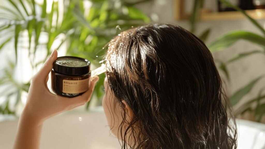 Une personne aux cheveux mouillés dans une baignoire tient un pot de traitement capillaire shilajit sur fond de plantes vertes luxuriantes, créant une atmosphère sereine et naturelle de type spa. Le shilajit pur dans le bocal promet rajeunissement et vitalité, tandis que la résine shilajit améliore l'expérience globale de bien-être.