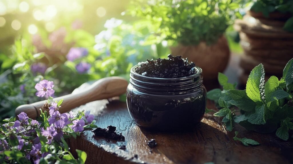 Un petit pot rempli de terre noire repose sur une surface en bois entourée d'herbes vertes et de fleurs violettes, évoquant l'essence du shilajit en bocal. La lumière du soleil filtre à travers les feuilles, créant une ambiance chaleureuse et naturelle rappelant le shilajit pur dans sa forme la plus pure. Une cuillère en bois repose à proximité, prête à dévoiler les bienfaits riches et puissants semblables à ceux trouvés dans la résine de shilajit. La scène capture magnifiquement le lien intégral entre la nature et le shilajit.