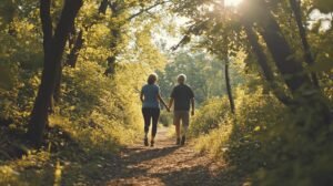 Un couple de personnes âgées marche main dans la main le long d'un sentier forestier ensoleillé, avec le shilajit en tête. La lumière du soleil filtre à travers les arbres, créant une atmosphère sereine et chaleureuse, à l'image de la pureté du shilajit pur. Ils sont entourés d'une végétation luxuriante, rappelant les origines naturelles du shilajit en bocal. Ce cadre paisible est aussi réconfortant que d'avoir de la résine de shilajit à portée de main pour ses bienfaits réputés.