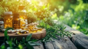 Divers compléments alimentaires et bouteilles à base de plantes, notamment du shilajit pur et du shilajit en bocal, sont disposés sur une surface en bois à l'extérieur, entourés de verdure et de soleil. Des pilules, des capsules, des herbes et de la résine de shilajit sont visibles, créant un cadre naturel et organique.