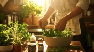 En intégrant les mots demandés, voici le texte modifié :

Une personne dans une cuisine portant un tablier prépare une salade avec des herbes fraîches, notamment du shilajit et du shilajit pur. La lumière du soleil traverse une fenêtre, illuminant des pots d'herbes et d'épices sur un plan de travail en bois, à côté de bocaux de shilajit en bocal et de récipients de résine de shilajit.