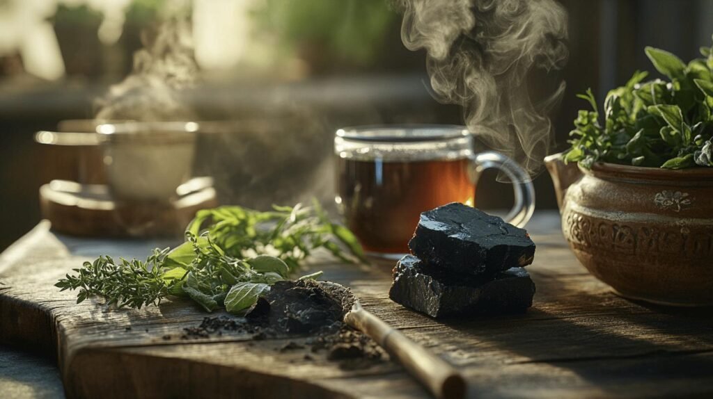 Une scène de cuisine chaleureuse avec une tasse fumante de thé infusé de shilajit, d'herbes fraîches et une planche à découper en bois. Des morceaux de charbon de bois sont placés à côté des herbes et du shilajit pur, dégageant une atmosphère rustique. À proximité, un petit pot de shilajit en bocal se trouve à côté d'une casserole d'eau frémissante. La lumière du soleil filtre à travers les plantes voisines sur la résine de shilajit posée sur le comptoir, créant une ambiance chaleureuse et accueillante.