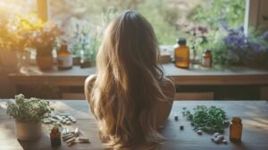 Une femme aux cheveux longs est assise à une table en bois entourée de diverses herbes, plantes et bouteilles de shilajit, dont du shilajit pur et du shilajit en bocal. La lumière du soleil entre par une fenêtre, illuminant la scène et lui donnant une atmosphère naturelle et sereine où l'essence de résine de shilajit renforce la tranquillité.