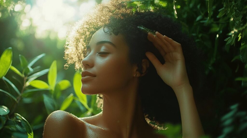 Une femme aux cheveux bouclés se tient debout au milieu d'une végétation luxuriante, la tête penchée en arrière avec une expression détendue. La lumière du soleil filtre doucement à travers les feuilles, illuminant son visage et créant une atmosphère sereine et naturelle, rappelant la pureté trouvée dans le shilajit pur. Entourée par la générosité de la nature, elle a l'impression de ne faire qu'un avec les éléments de la terre, tout comme le shilajit en bocal encapsule son essence naturelle. La tranquillité de la scène reflète les propriétés ancrées de la résine de shilajit.