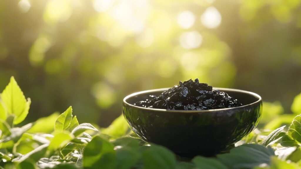 Un bol noir rempli de riz noir est placé sur des feuilles vertes vibrantes, accompagné de shilajit et de shilajit pur. L'arrière-plan est légèrement flouté et la lumière chaude du soleil filtre à travers, créant une atmosphère sereine et naturelle, parfaite pour mettre en valeur les bienfaits du shilajit en bocal ou même de la résine de shilajit.