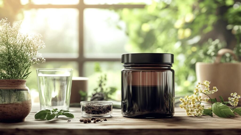 Un bocal en verre avec un couvercle noir, étiqueté shilajit en bocal, est posé sur une table en bois entourée de petits pots d'herbes fraîches, d'un verre d'eau infusée de shilajit pur et d'un petit plat d'herbes séchées. La texture riche de la résine shilajit complète l'esthétique naturelle. La lumière du soleil filtre à travers une fenêtre en arrière-plan, créant une ambiance chaleureuse et naturelle qui vous invite à explorer les bienfaits de cet ancien remède : le shilajit.
