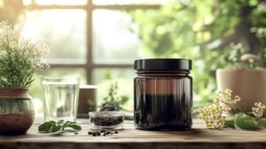 Un bocal en verre avec un couvercle noir, étiqueté shilajit en bocal, est posé sur une table en bois entourée de petits pots d'herbes fraîches, d'un verre d'eau infusée de shilajit pur et d'un petit plat d'herbes séchées. La texture riche de la résine shilajit complète l'esthétique naturelle. La lumière du soleil filtre à travers une fenêtre en arrière-plan, créant une ambiance chaleureuse et naturelle qui vous invite à explorer les bienfaits de cet ancien remède : le shilajit.