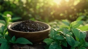 Un bol en bois rempli de terre riche et sombre est placé parmi des plantes vertes vibrantes, illuminées par la lumière chaude du soleil. Le shilajit et le shilajit pur mélangés au sol indiquent une infusion de bienfaits naturels. La scène transmet un sentiment d'abondance et de croissance naturelles, rappelant le shilajit en bocal prêt à nourrir la vie. Avec l'ajout de résine shilajit pure, la composition dévoile un lien avec la richesse terrestre, le tout sur un fond doux et flou de feuillage supplémentaire.