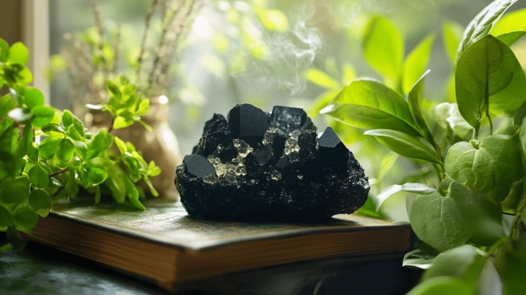 Un amas de cristal noir, ressemblant à du shilajit ou même à du shilajit pur, repose sur un livre fermé, entouré de plantes vertes luxuriantes. La lumière du soleil traverse la fenêtre, mettant en valeur le feuillage vibrant et les détails complexes du cristal, semblables à ceux trouvés dans le shilajit en bocal ou le shilajit résine.