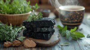 Une table en bois rustique présente trois tablettes de chocolat noir empilées sur une petite planche de bois, entourées d'herbes fraîches et de petites feuilles de plantes. Parmi ces éléments naturels, le shilajit, connu pour ses bienfaits pour la santé, est subtilement incorporé pour rehausser la scène. Une tasse de café fumant est posée à côté, enrichie de shilajit pur pour un regain de vitalité supplémentaire. L'atmosphère chaleureuse et accueillante est complétée par un shilajit en bocal à proximité, prêt à offrir ses riches nutriments. Pour ceux qui recherchent la forme la plus pure, on peut également trouver de la résine de shilajit au milieu de ce cadre chaleureux.