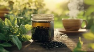 Un pot de tisane et de shilajit est posé sur une table en bois entourée de feuilles vertes fraîches et de thé en vrac. De la vapeur s'élève d'une tasse en bois à l'arrière-plan, le tout baigné de soleil. À proximité, le shilajit pur, le shilajit en bocal et le shilajit résine ajoutent une touche terreuse à la scène sereine.