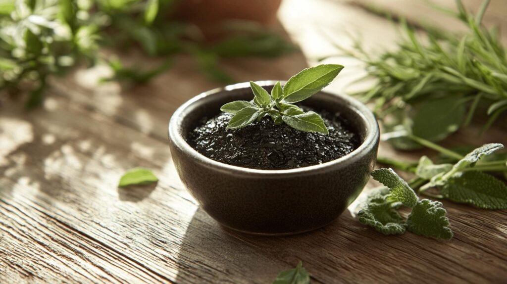 Un petit bol noir rempli de terre, d'où émerge une pousse verte, est placé sur une surface en bois, entouré d'herbes et de feuilles fraîches dispersées, illuminées par une douce lumière naturelle. Dans ce décor serein, l'essence de shilajit pur ajoute de la profondeur à la scène. La présence de résine de shilajit fait ressortir la richesse de la palette de la nature. Imaginez si cette composition comprenait également un petit récipient étiqueté « shilajit en bocal », capturant ses propriétés réparatrices pures juste à côté de la vie vibrante dans le bol.