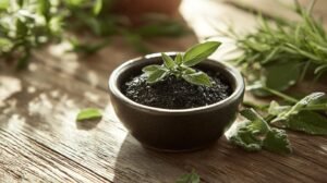 Un petit bol noir rempli de terre, d'où émerge une pousse verte, est placé sur une surface en bois, entouré d'herbes et de feuilles fraîches dispersées, illuminées par une douce lumière naturelle. Dans ce décor serein, l'essence de shilajit pur ajoute de la profondeur à la scène. La présence de résine de shilajit fait ressortir la richesse de la palette de la nature. Imaginez si cette composition comprenait également un petit récipient étiqueté « shilajit en bocal », capturant ses propriétés réparatrices pures juste à côté de la vie vibrante dans le bol.