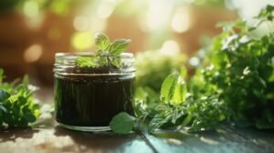 Un petit bocal en verre rempli de terre, de shilajit et d'une plante en train de germer est posé sur une table en bois. Autour du bocal se trouvent des feuilles vertes fraîches, baignées d'une lumière douce et chaude du soleil, créant une atmosphère sereine et naturelle. Le shilajit pur contenu dans le bocal complète la plante en croissance. À proximité, il y a également un autre récipient de shilajit en bocal et de la résine shilajit pure qui ajoutent à l'ambiance organique.