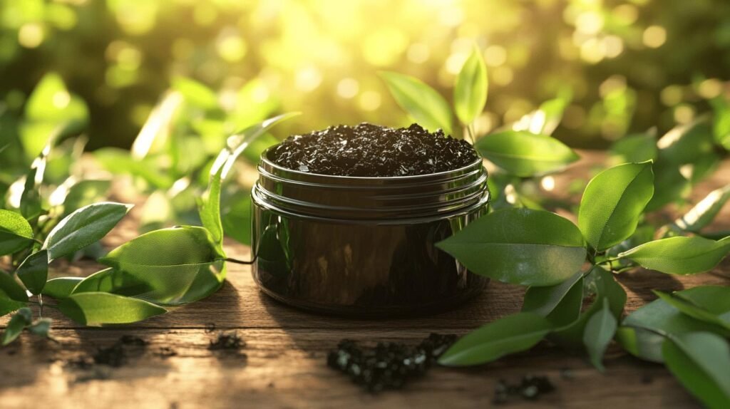 Bien sûr, voici une version modifiée du texte incluant les mots souhaités : 

Un bocal de shilajit pur rempli d'un matériau sombre ou de résine de shilajit est posé sur une surface en bois, entouré de feuilles vertes luxuriantes. La lumière du soleil filtre à travers, créant une atmosphère chaleureuse et lumineuse.