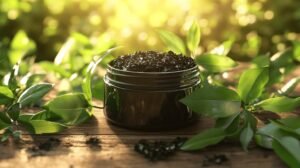 Bien sûr, voici une version modifiée du texte incluant les mots souhaités :
Un bocal de shilajit pur rempli d'un matériau sombre ou de résine de shilajit est posé sur une surface en bois, entouré de feuilles vertes luxuriantes. La lumière du soleil filtre à travers, créant une atmosphère chaleureuse et lumineuse.