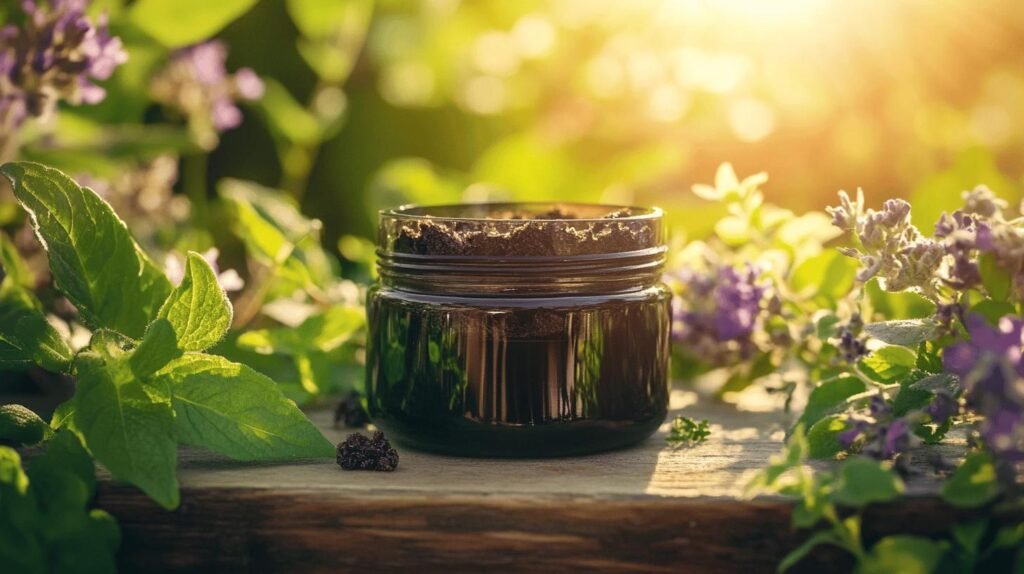 Un bocal en verre foncé rempli de terre et de shilajit repose sur une surface en bois entourée de feuilles vertes luxuriantes et de fleurs violettes. La lumière du soleil filtre à travers le feuillage, créant une ambiance chaleureuse et naturelle. Ce bocal pourrait facilement être confondu avec le shilajit pur, offrant l'essence de la nature dans sa forme la plus pure. Imaginez-le non pas comme n'importe quel récipient, mais comme un shilajit en bocal qui contient la puissante résine shilajit, connue pour ses nombreux bienfaits.
