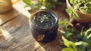 Un pot de baume aux herbes foncées, étiqueté shilajit, est posé sur une table en bois, entouré d'herbes vertes. Ce shilajit pur en bocal renferme la richesse du remède de la nature. De petites fleurs blanches décorent le dessus du baume, ajoutant une touche fraîche et naturelle à cette résine shilajit. La lumière du soleil met doucement en valeur la scène, créant une ambiance chaleureuse et accueillante qui renforce l'attrait de ce mélange curatif unique.