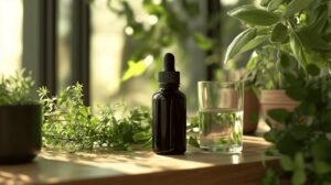 Un flacon compte-gouttes en verre foncé de shilajit et un verre d'eau sont posés sur une table en bois ensoleillée entourée de plantes vertes luxuriantes, créant un cadre serein et naturel. La présence de shilajit pur, soigneusement conservée dans ce flacon compte-gouttes, offre une touche de pureté de la nature. À proximité, vous pourrez également trouver du shilajit en bocal ou de la riche résine de shilajit comme options pour ceux qui apprécient différentes formes de ce complément naturel.