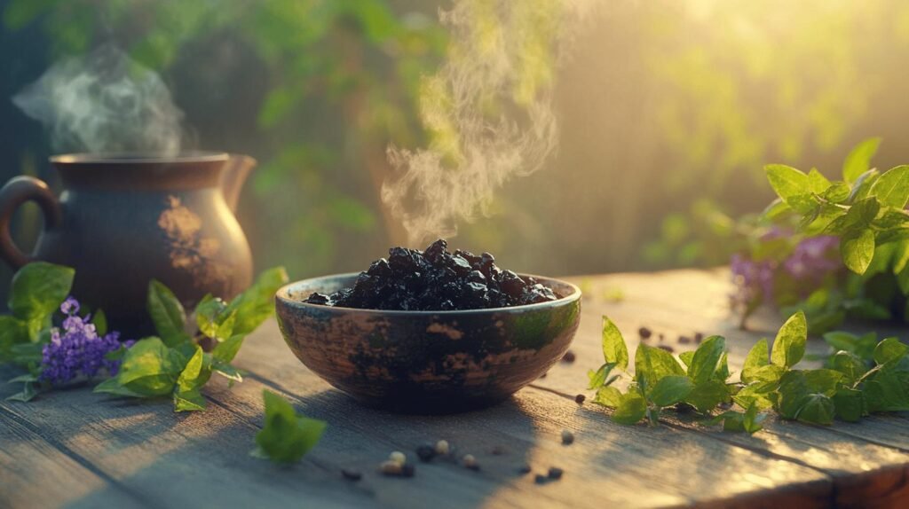 Sur une table en bois rustique, un bol fumant de fruits noirs séchés est posé, accompagné de shilajit et entouré d'herbes vertes fraîches et de fleurs violettes. À proximité, le shilajit pur ajoute une touche terreuse à la scène. Une théière en céramique repose à l'arrière-plan, baignée de lumière chaude du soleil filtrant à travers une végétation luxuriante, tandis qu'un petit bocal de résine de shilajit capte la lumière avec sa texture riche. Le shilajit en bocal complète parfaitement le cadre naturel.
