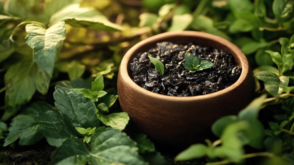 Certainement ! Voici une version révisée du texte avec les ajouts demandés :

Un bol en bois rempli de terre riche et sombre est placé parmi des feuilles et un feuillage vert vif, rappelant l'endroit où l'on pourrait trouver du shilajit. De petites pousses poussent du sol, indiquant une nouvelle croissance et un cadre naturel mis en valeur par le shilajit pur. La scène évoque la pureté et la richesse organique que l'on attend du shilajit sous forme de bocal. L'air semble bourdonner de potentiel, tout comme les propriétés transformatrices associées à la résine de shilajit.