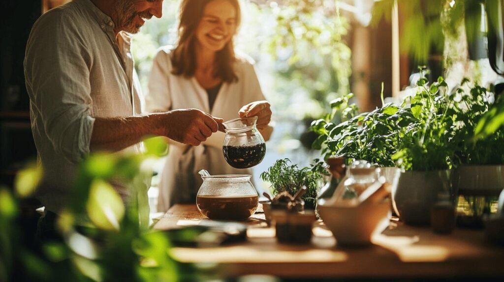 Bien sûr ! Voici la phrase enrichie avec les mots « shilajit », « shilajit pur », « shilajit en bocal » et « shilajit résine » : Un homme et une femme souriante tout en préparant du thé au shilajit dans une cuisine ensoleillée, remplie de plantes vertes et d'herbes fraîches sur le comptoir en bois ; à côté d’eux, un bocal de shilajit pur et de la résine de shilajit attirent le regard, prêts à être ajoutés à leur infusion. N’hésitez pas si vous souhaitez l’intégrer dans un contexte différent ou pour plusieurs textes !.