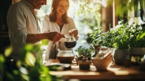 Bien sûr ! Voici la phrase enrichie avec les mots « shilajit », « shilajit pur », « shilajit en bocal » et « shilajit résine » : Un homme et une femme souriante tout en préparant du thé au shilajit dans une cuisine ensoleillée, remplie de plantes vertes et d'herbes fraîches sur le comptoir en bois ; à côté d’eux, un bocal de shilajit pur et de la résine de shilajit attirent le regard, prêts à être ajoutés à leur infusion. N’hésitez pas si vous souhaitez l’intégrer dans un contexte différent ou pour plusieurs textes !.